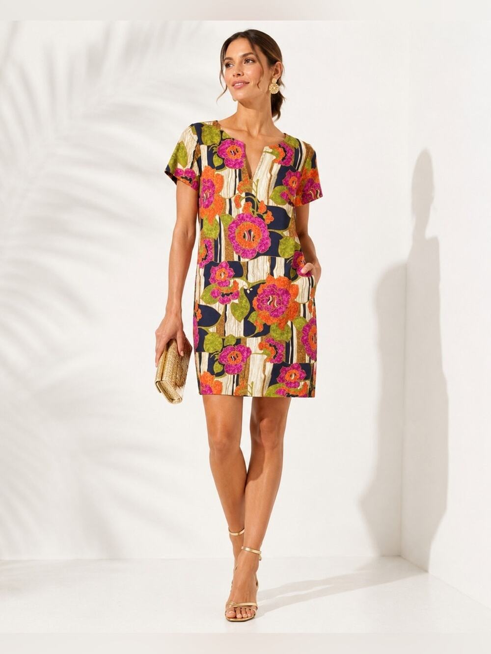 Trina Turk Mirren Vibrantly Colored Floral Shift Dress, Pink & Orange Blooms, 4